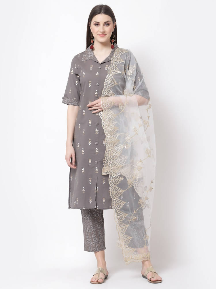 Myshka Grey Color cotton Printed Kurta With Palazzo Dupatta Set