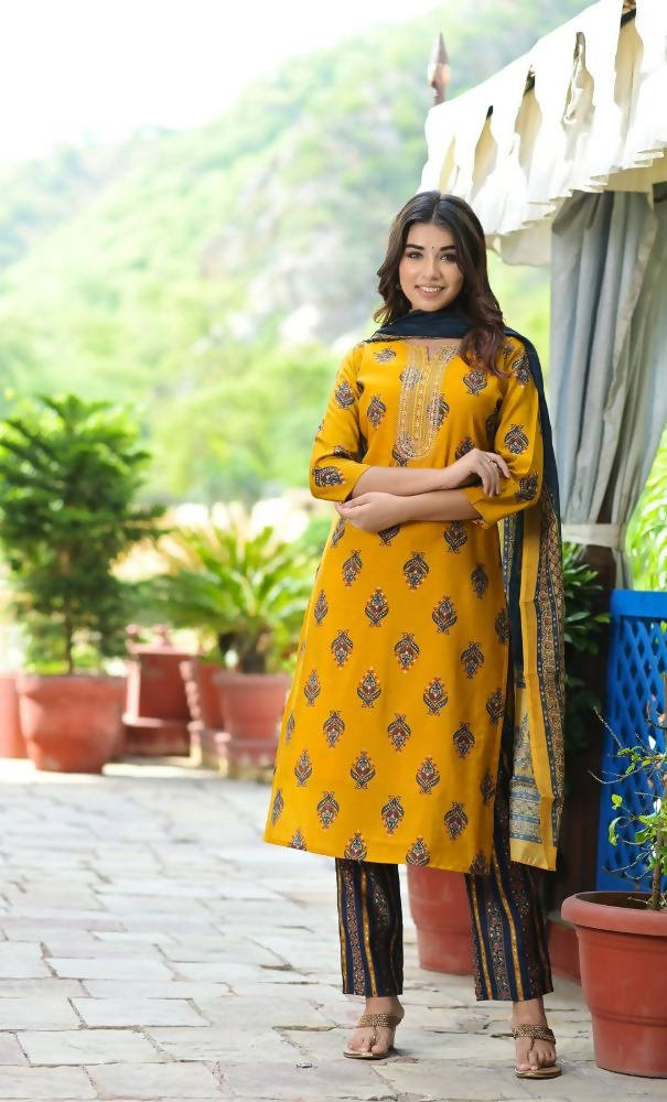 Yufta Women Mustard Yellow & Navy Blue Printed Kurta with Trouser and Dupatta