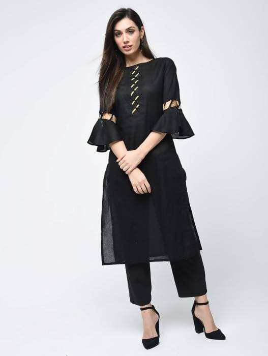 Aniyah Cotton Criss Cross Bell Sleeves Straight Kurta In Black (AN-101C)