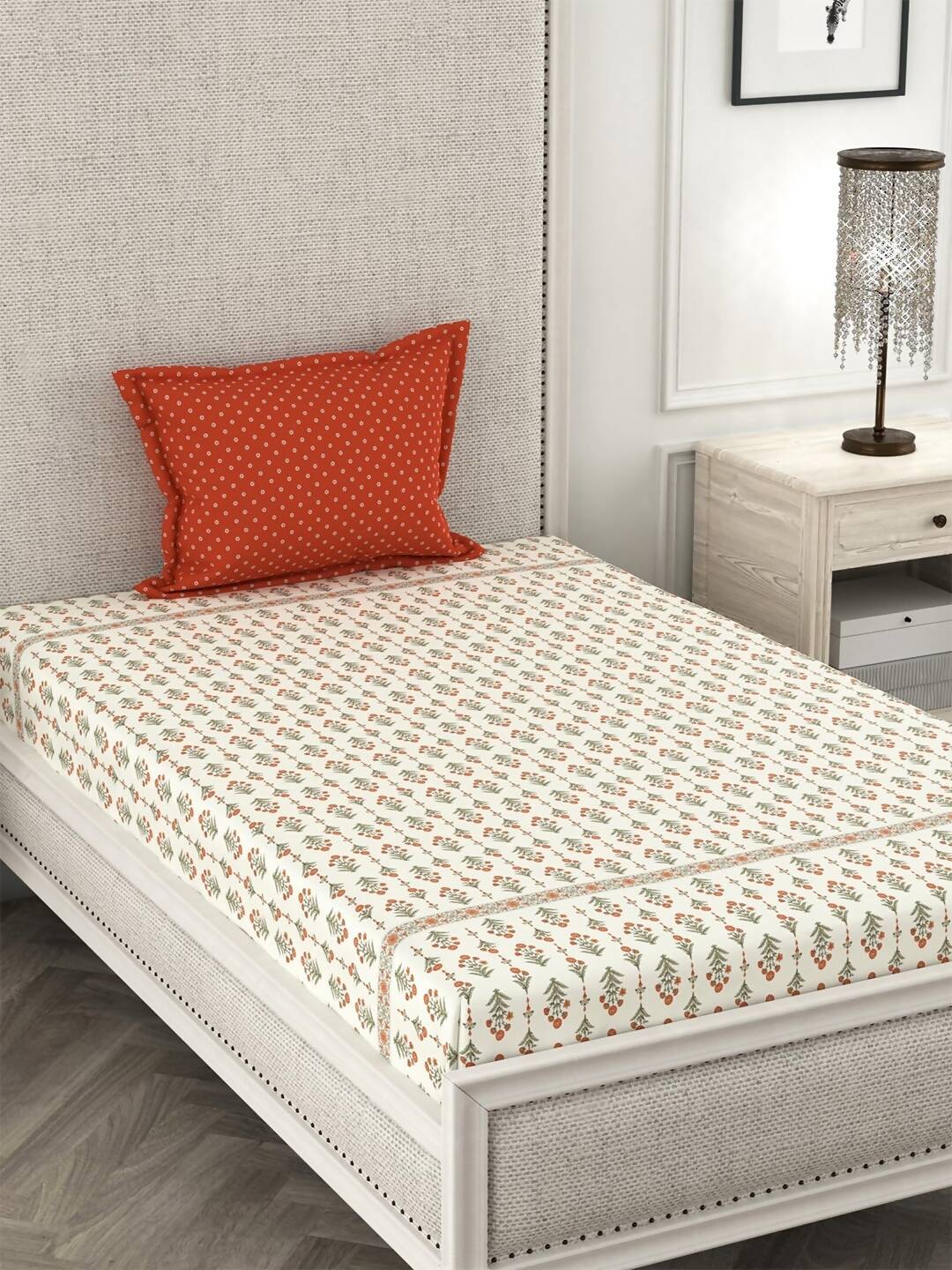 CHHAVI INDIA Cream-Coloured & Orange Floral Ultra Soft 210 TC Bedsheet with Pillow Covers - Distacart