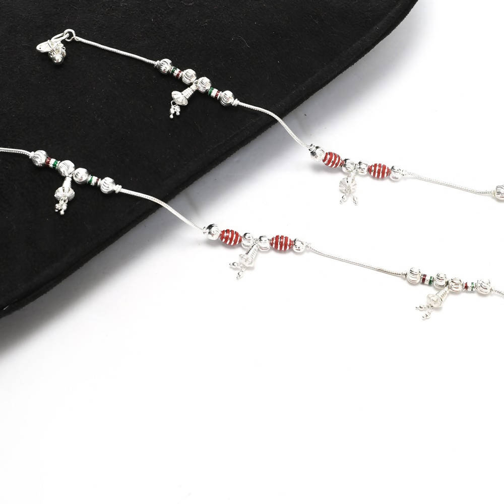 Tehzeeb Creations Silver Plated Anklet With Green And Red Line