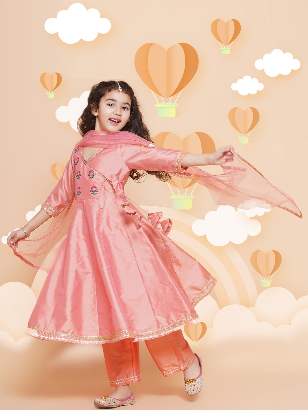 Girls Embroidered Angrakha Kurta with Trousers & Dupatta for Kids - Bhama - Distacart