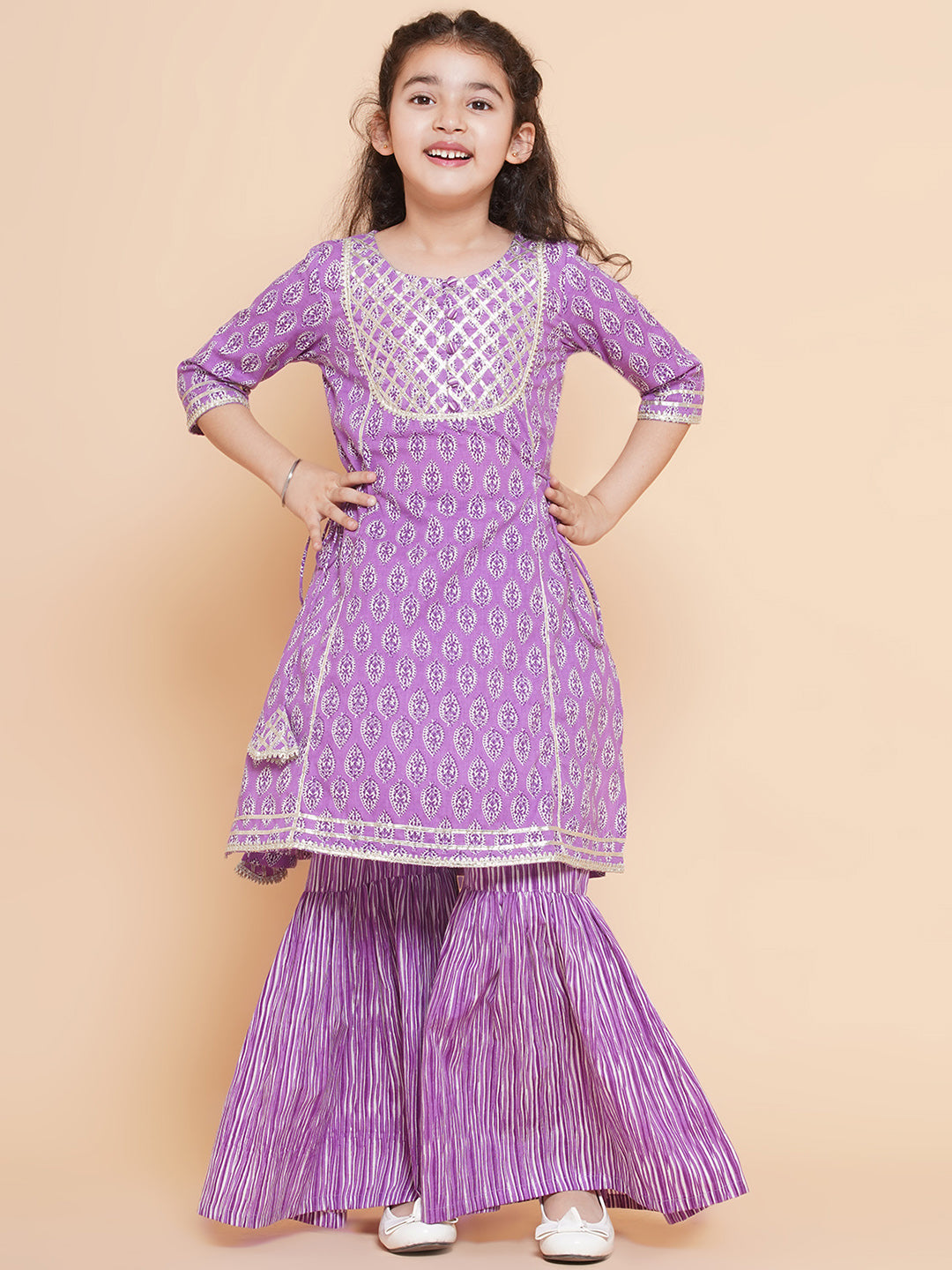 Girls Purple Printed Cotton Kurta with Sharara for Kids - Bhama - Distacart