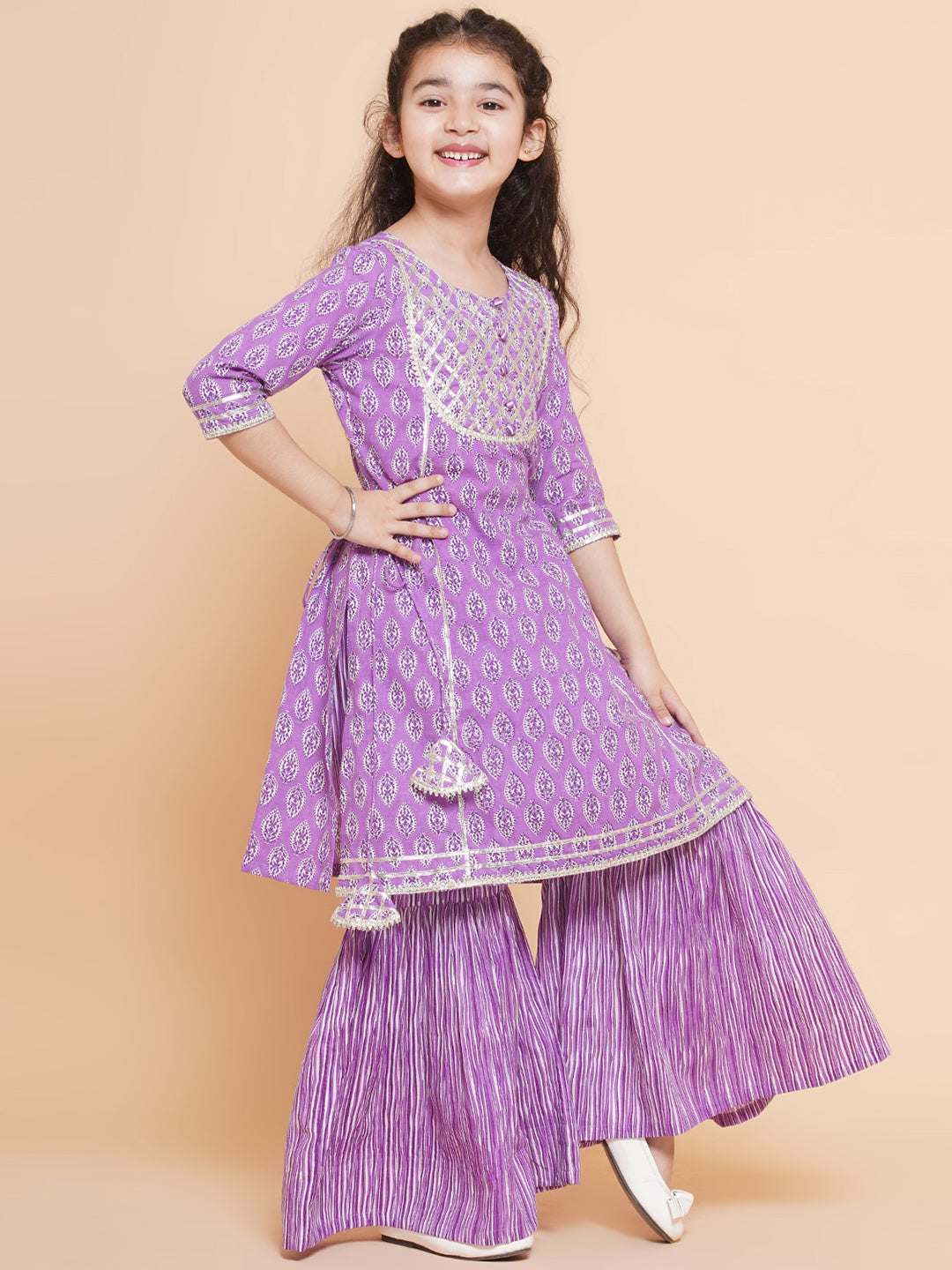 Girls Purple Printed Cotton Kurta with Sharara for Kids - Bhama - Distacart