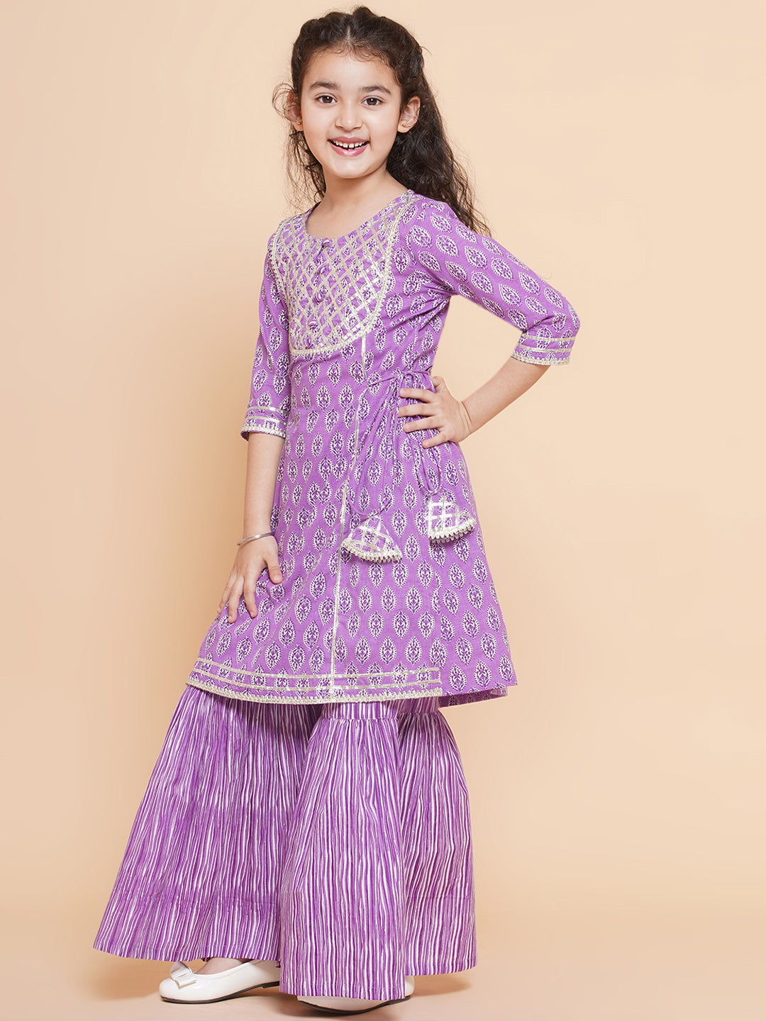 Girls Purple Printed Cotton Kurta with Sharara for Kids - Bhama - Distacart