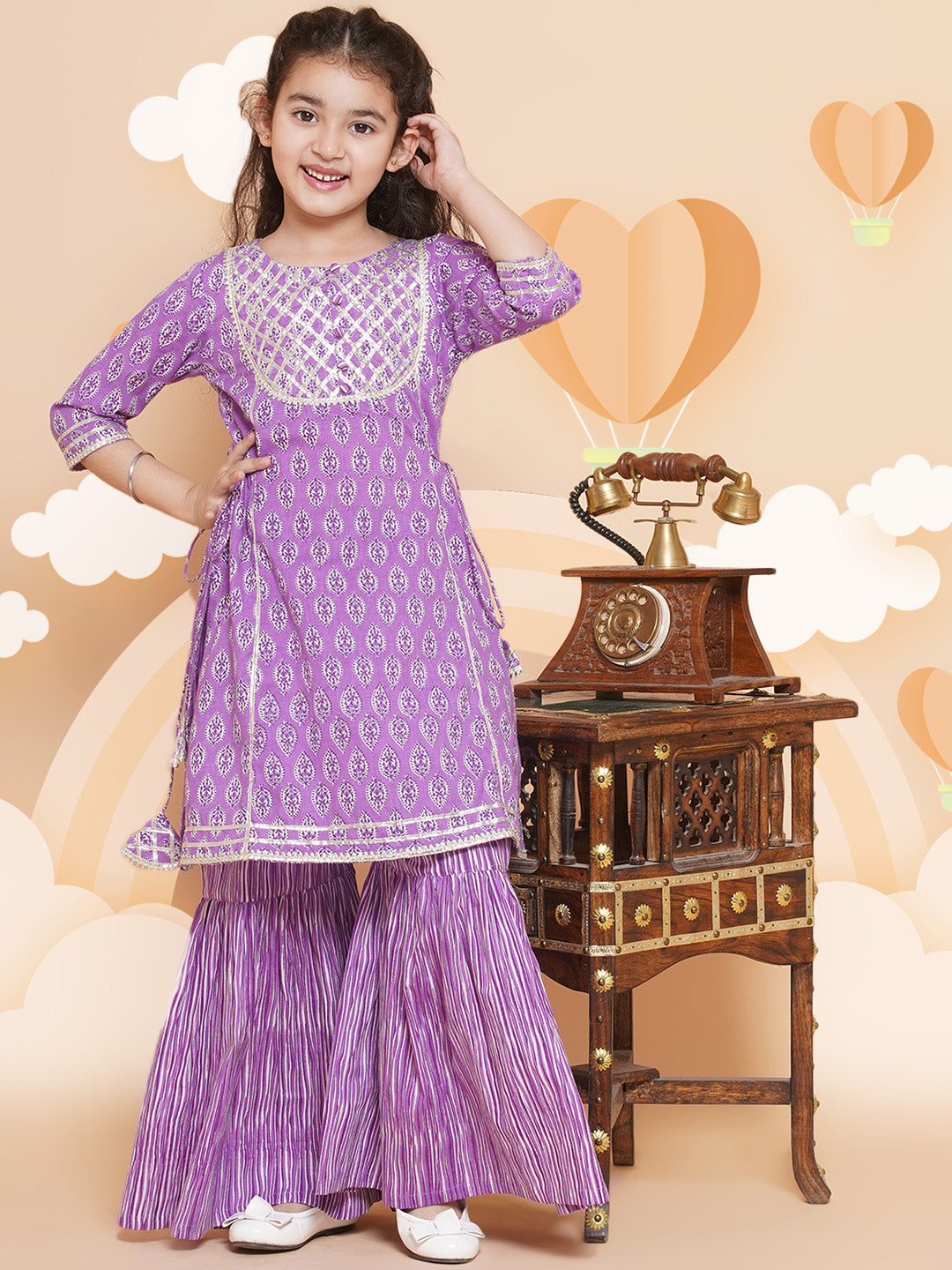 Girls Purple Printed Cotton Kurta with Sharara for Kids - Bhama - Distacart