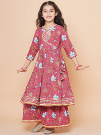 Thumbnail for Girls Peach Floral Printed Angrakha Gotta Patti Kurta & Sharara set With Dupatta for Kids - Bhama - Distacart