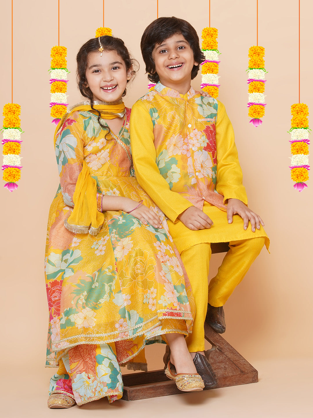 Girls Yellow Multi Floral Angrakha Gotta Patti Kurta Sharara set With Dupatta for Kids - Bhama - Distacart