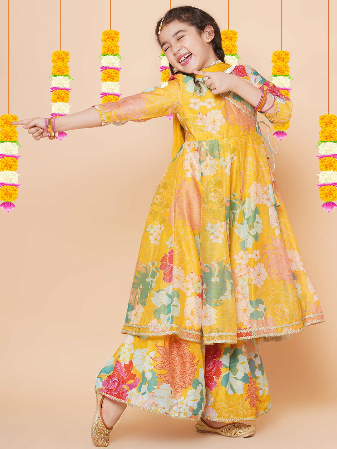 Girls Yellow Multi Floral Angrakha Gotta Patti Kurta Sharara set With Dupatta for Kids - Bhama - Distacart