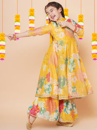 Thumbnail for Girls Yellow Multi Floral Angrakha Gotta Patti Kurta Sharara set With Dupatta for Kids - Bhama - Distacart