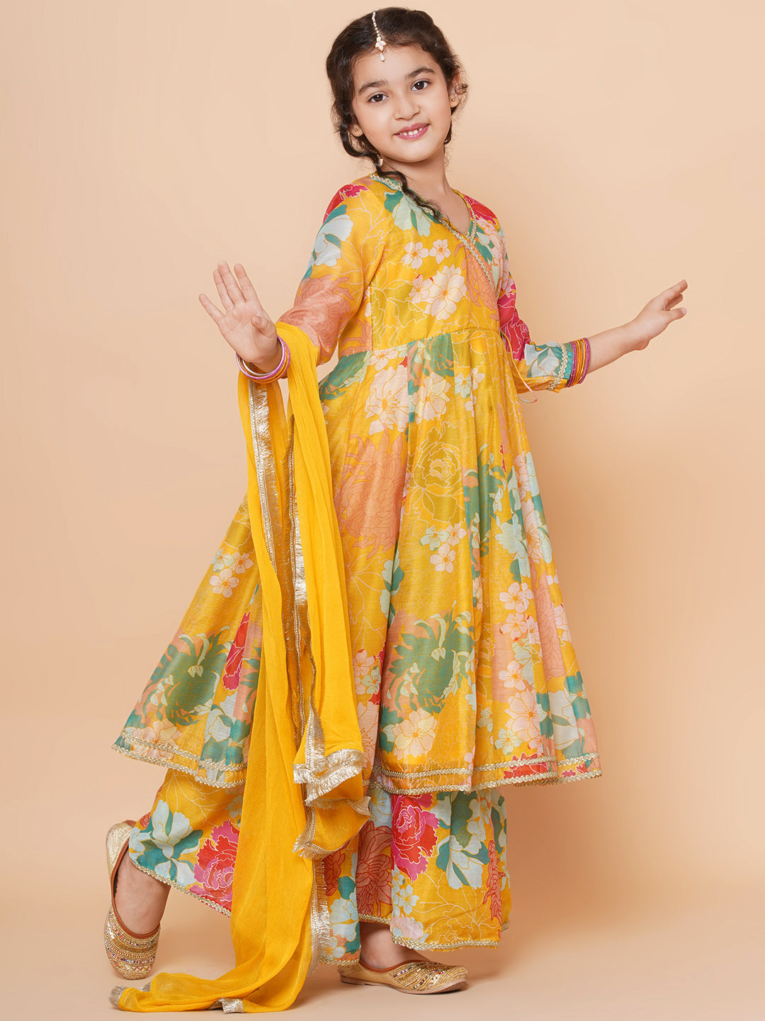 Girls Yellow Multi Floral Angrakha Gotta Patti Kurta Sharara set With Dupatta for Kids - Bhama - Distacart