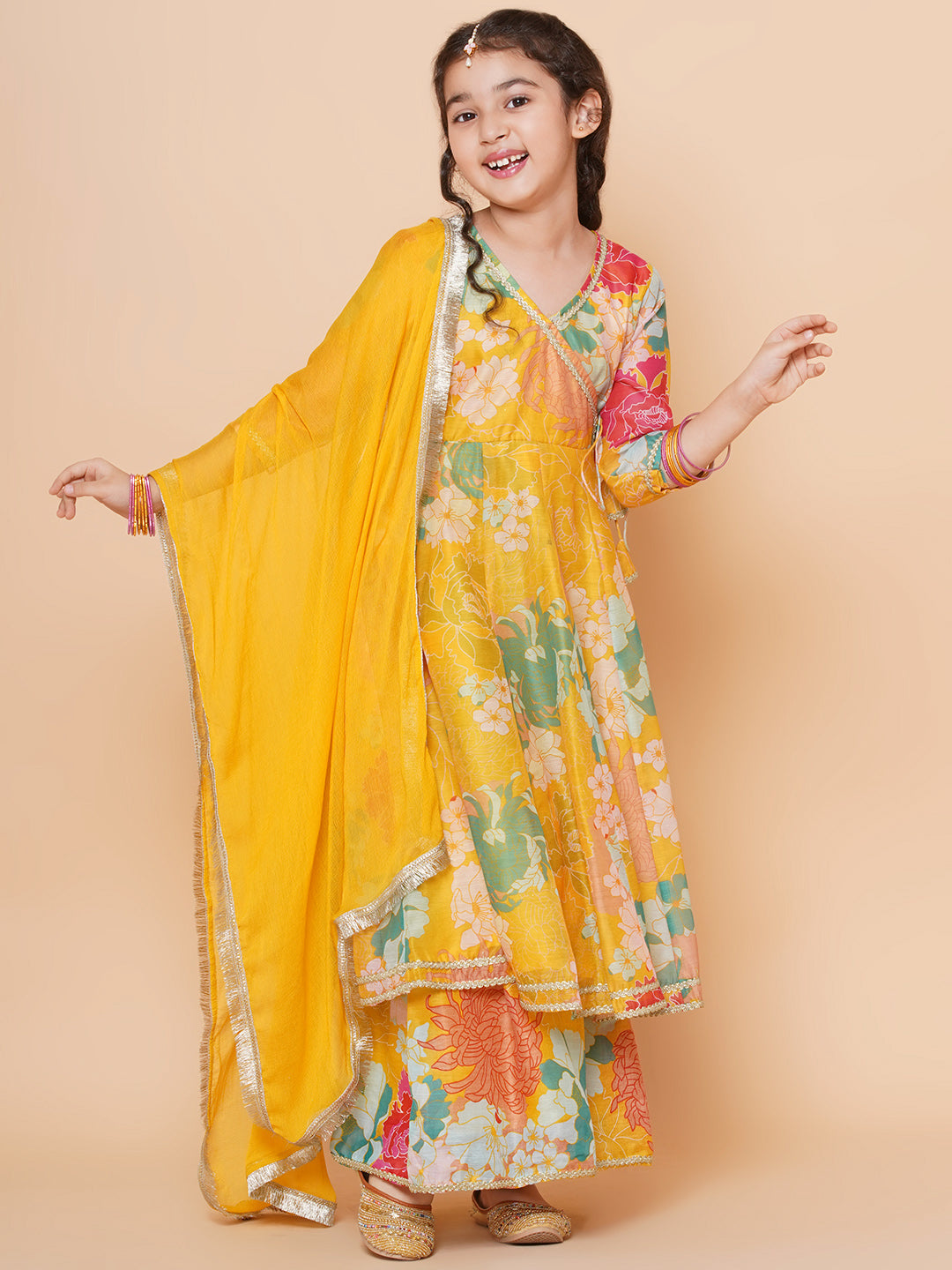 Girls Yellow Multi Floral Angrakha Gotta Patti Kurta Sharara set With Dupatta for Kids - Bhama - Distacart