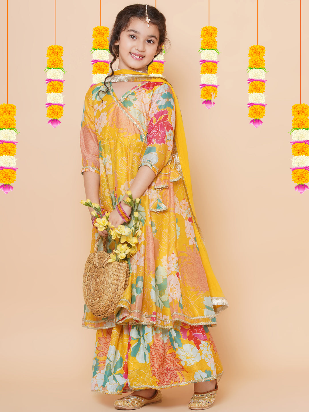 Girls Yellow Multi Floral Angrakha Gotta Patti Kurta Sharara set With Dupatta for Kids - Bhama - Distacart