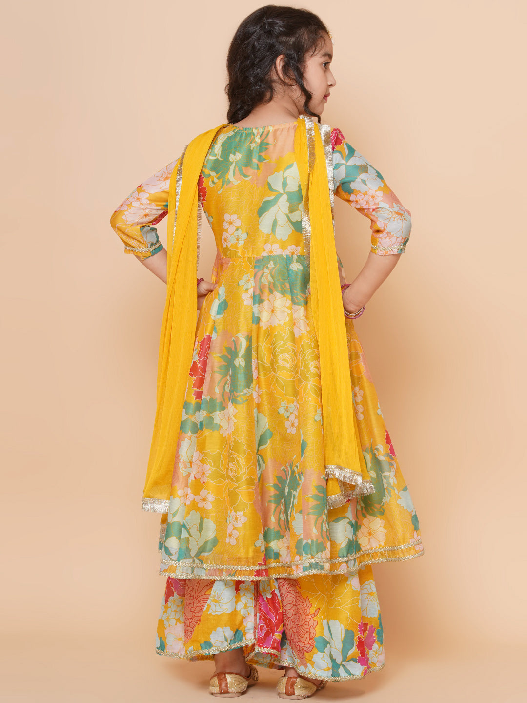 Girls Yellow Multi Floral Angrakha Gotta Patti Kurta Sharara set With Dupatta for Kids - Bhama - Distacart