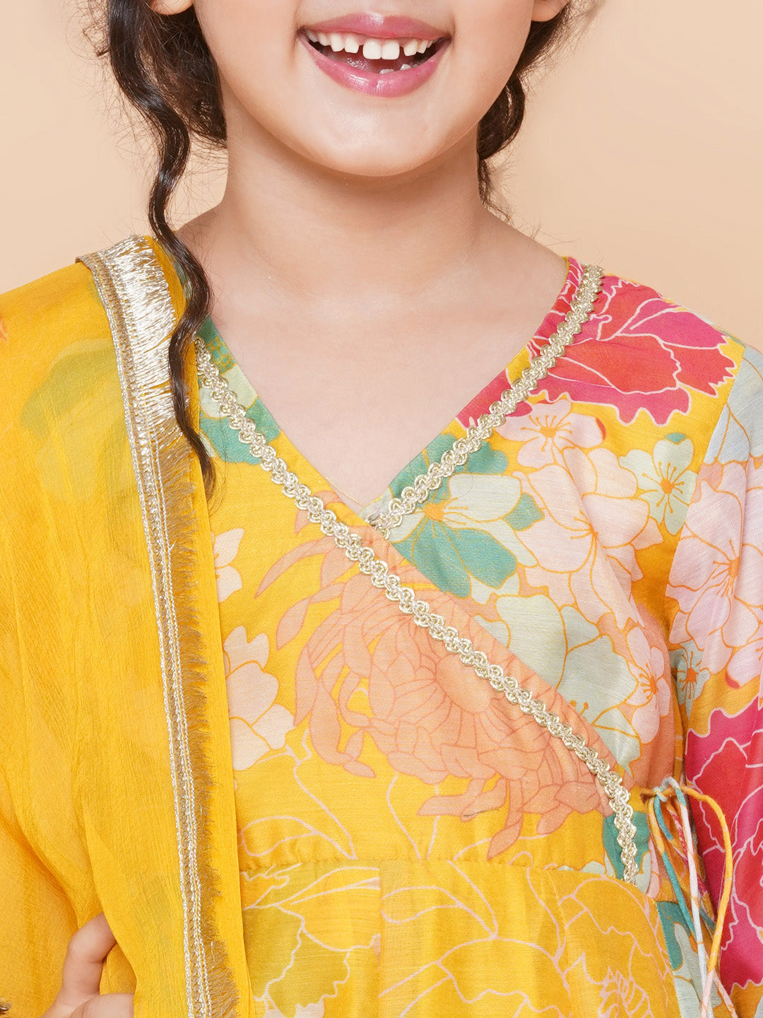 Girls Yellow Multi Floral Angrakha Gotta Patti Kurta Sharara set With Dupatta for Kids - Bhama - Distacart