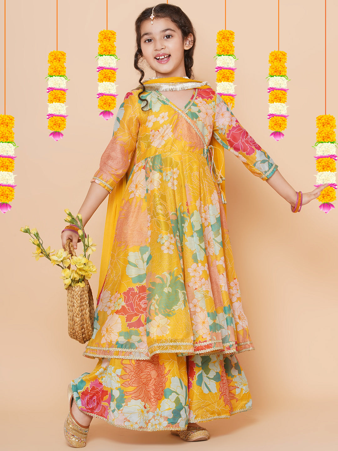 Girls Yellow Multi Floral Angrakha Gotta Patti Kurta Sharara set With Dupatta for Kids - Bhama - Distacart