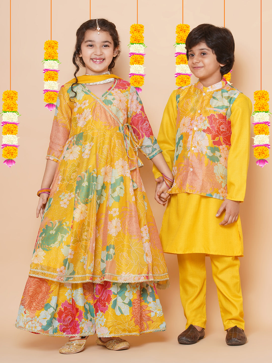 Girls Yellow Multi Floral Angrakha Gotta Patti Kurta Sharara set With Dupatta for Kids - Bhama - Distacart