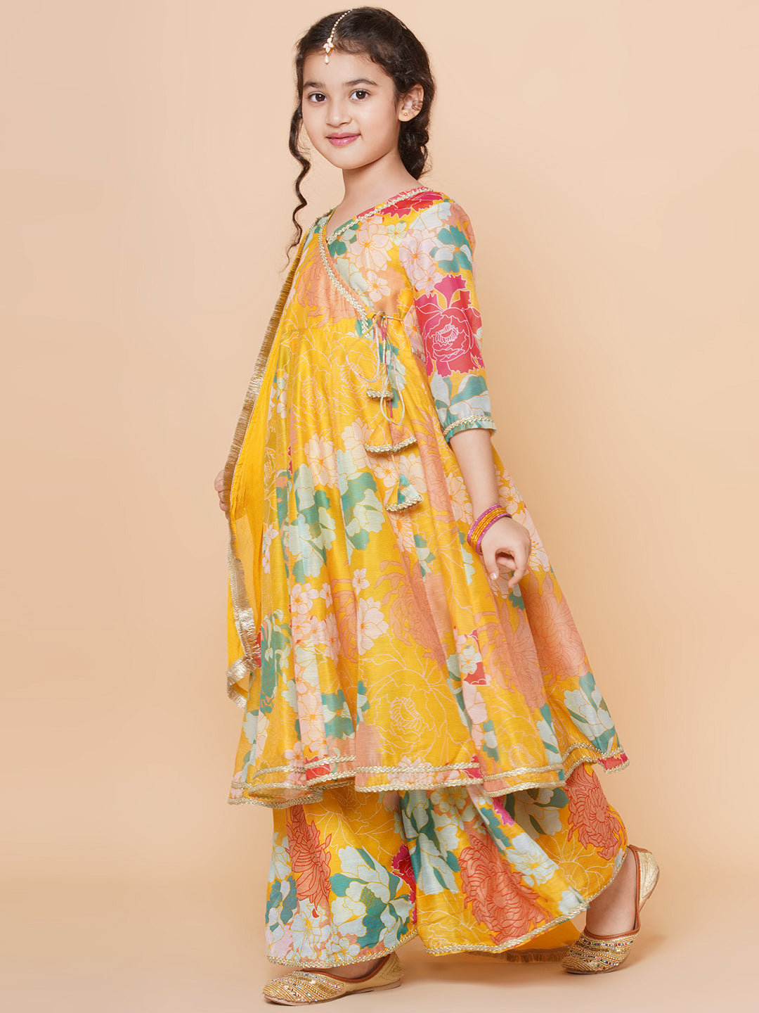 Girls Yellow Multi Floral Angrakha Gotta Patti Kurta Sharara set With Dupatta for Kids - Bhama - Distacart