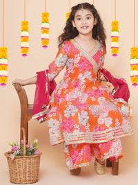 Thumbnail for Girls Orange Multi Floral Printed Angrakha Gotta Patti Kurta & Sharara With Dupatta for Kids - Bhama - Distacart