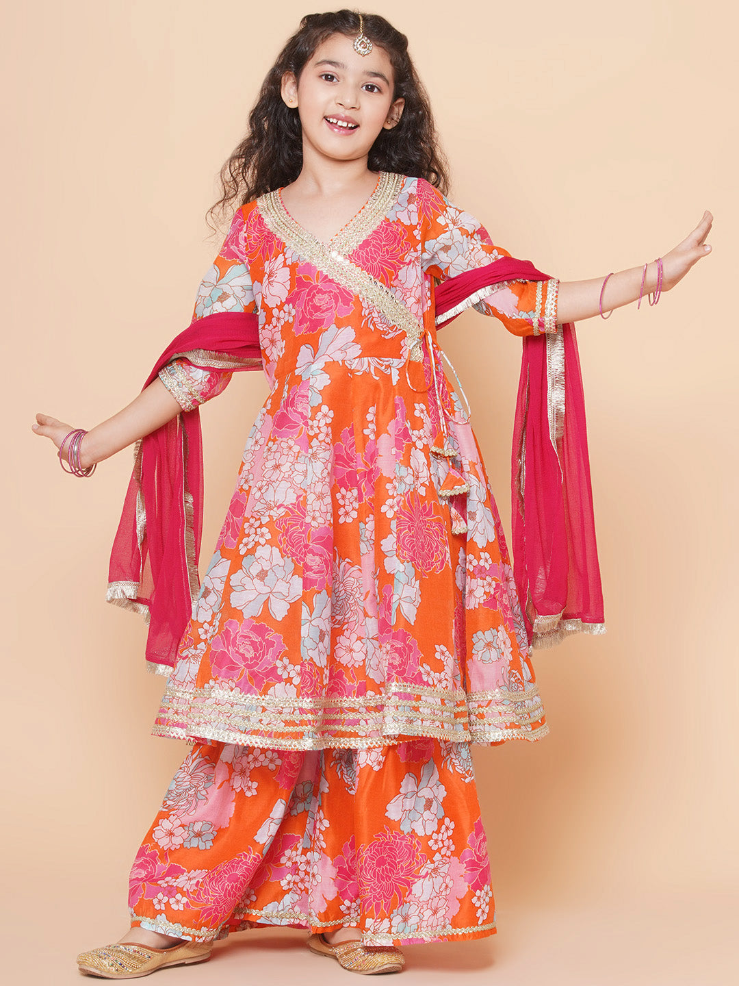 Girls Orange Multi Floral Printed Angrakha Gotta Patti Kurta & Sharara With Dupatta for Kids - Bhama - Distacart