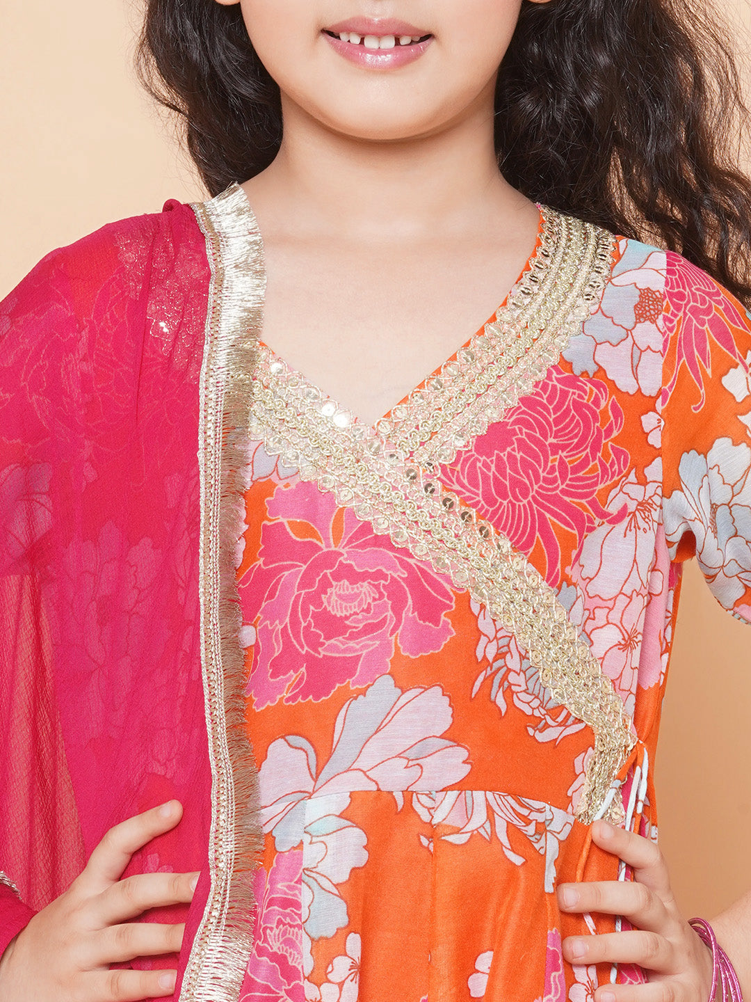 Girls Orange Multi Floral Printed Angrakha Gotta Patti Kurta & Sharara With Dupatta for Kids - Bhama - Distacart