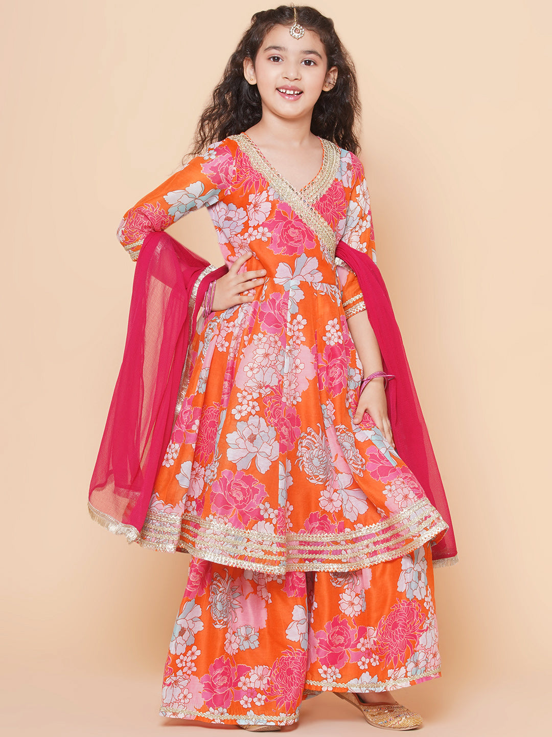 Girls Orange Multi Floral Printed Angrakha Gotta Patti Kurta & Sharara With Dupatta for Kids - Bhama - Distacart