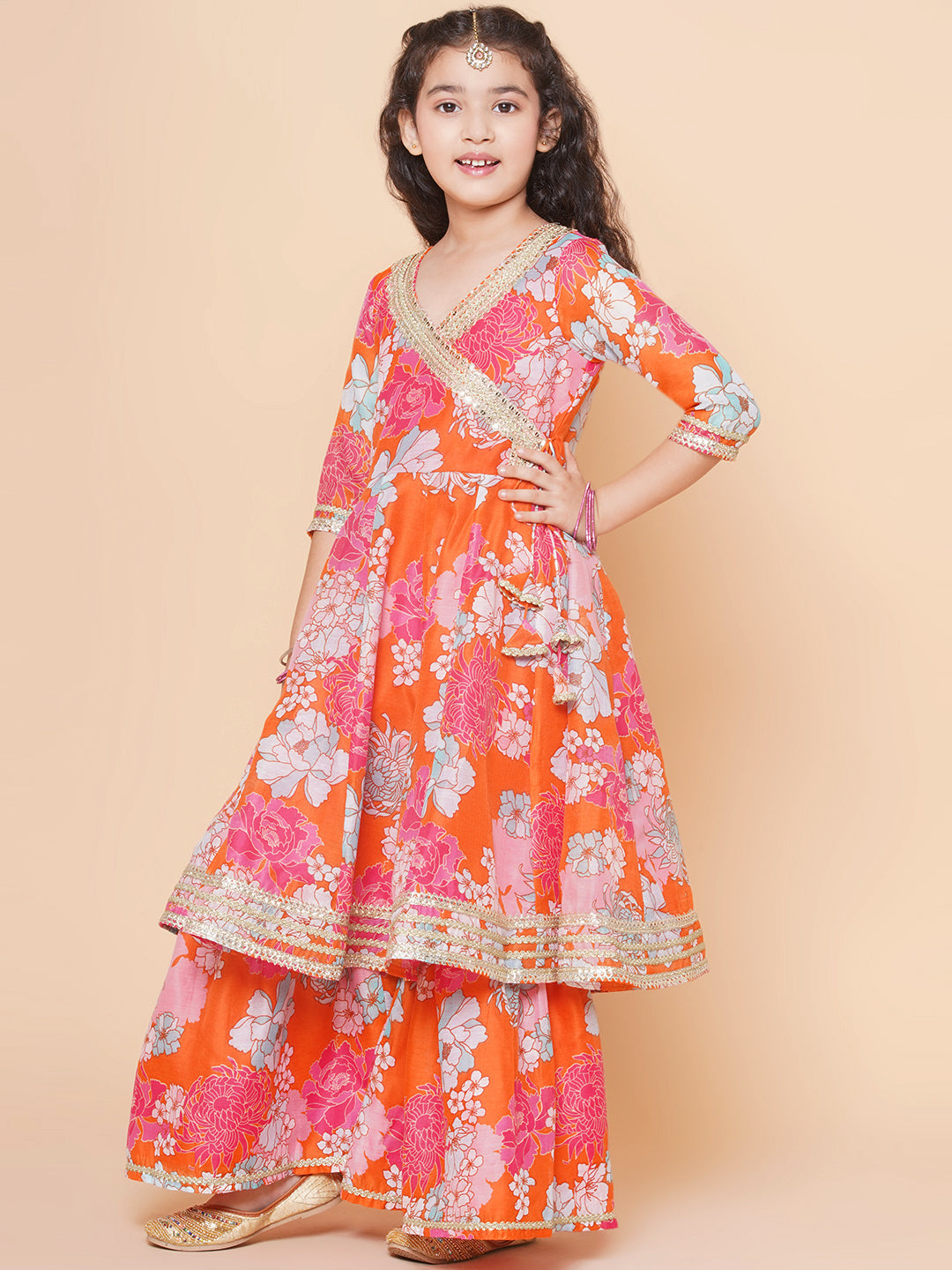 Girls Orange Multi Floral Printed Angrakha Gotta Patti Kurta & Sharara With Dupatta for Kids - Bhama - Distacart