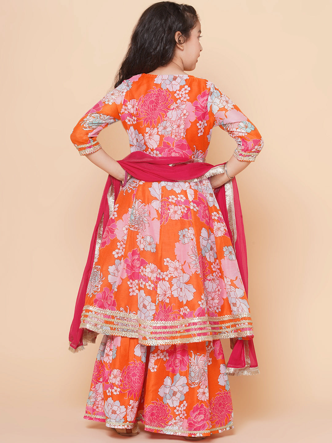 Girls Orange Multi Floral Printed Angrakha Gotta Patti Kurta & Sharara With Dupatta for Kids - Bhama - Distacart