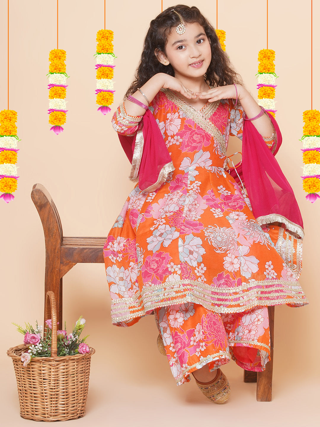 Girls Orange Multi Floral Printed Angrakha Gotta Patti Kurta & Sharara With Dupatta for Kids - Bhama - Distacart