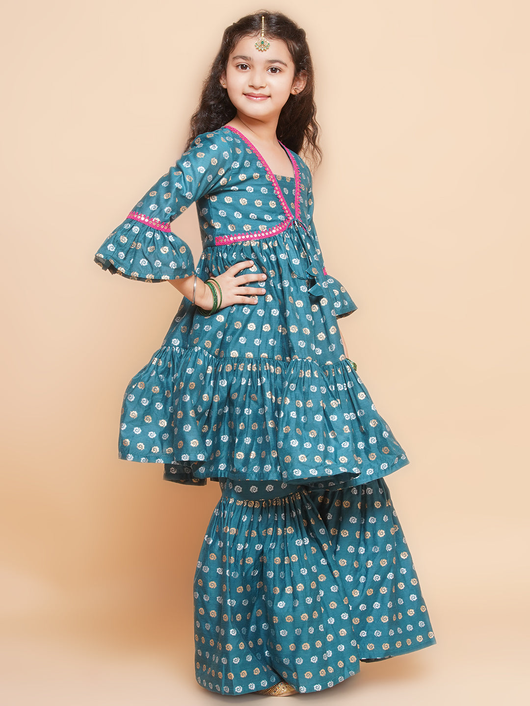 Girls Teal Blue Printed V-Neck Kurta with Sharara - Bhama - Distacart