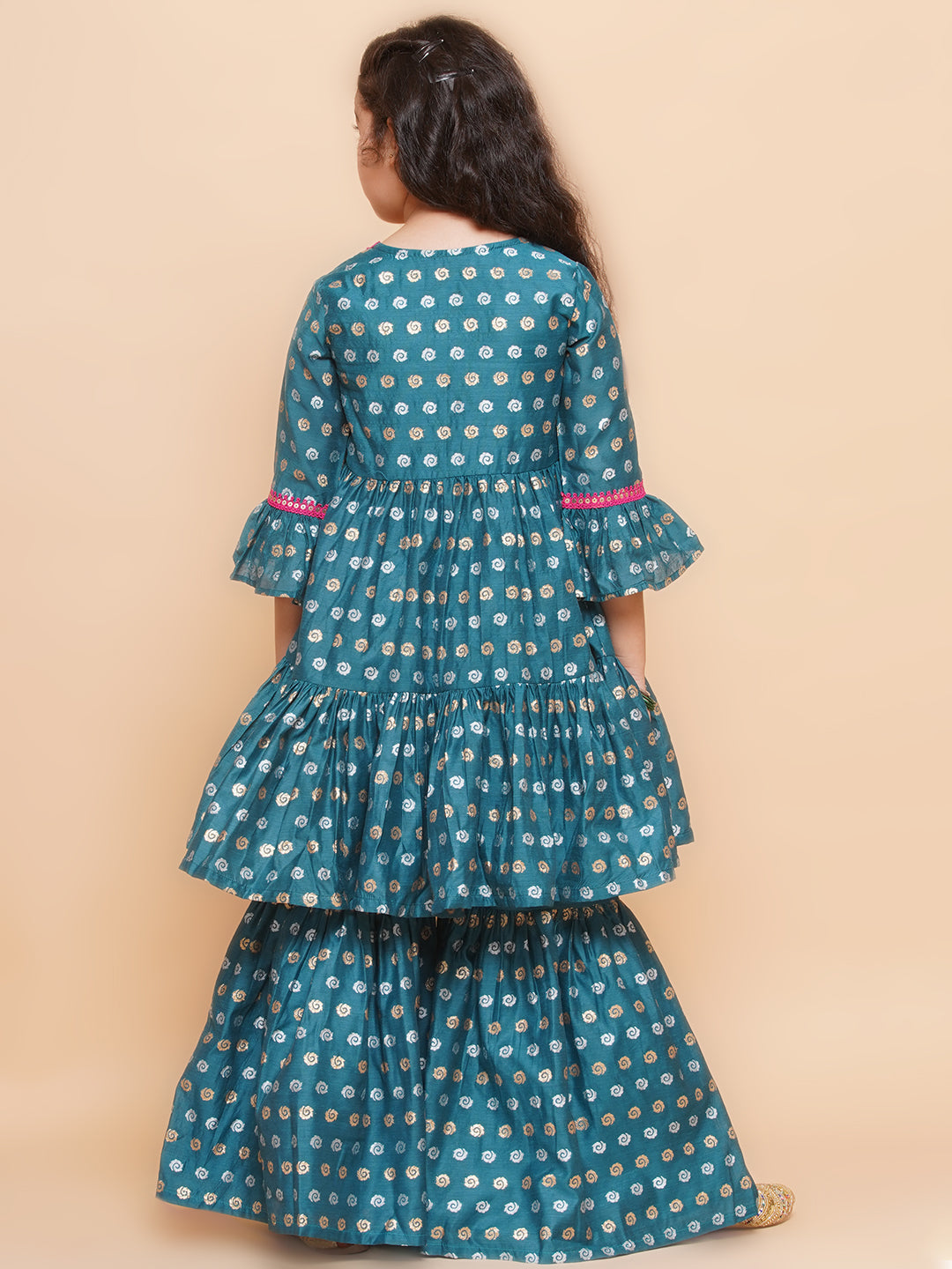 Girls Teal Blue Printed V-Neck Kurta with Sharara - Bhama - Distacart