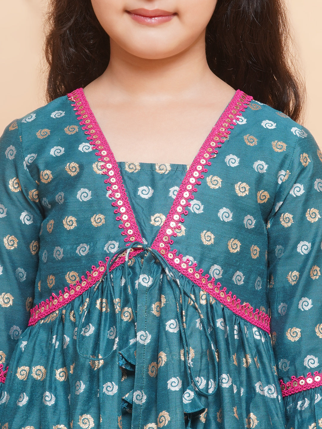 Girls Teal Blue Printed V-Neck Kurta with Sharara - Bhama - Distacart