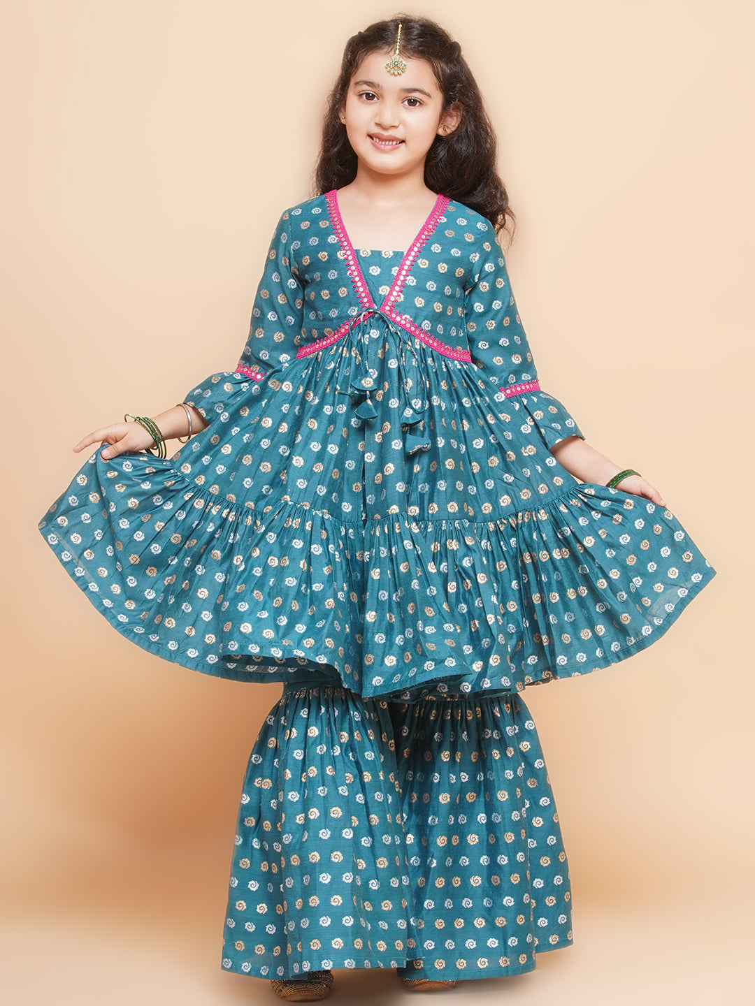 Girls Teal Blue Printed V-Neck Kurta with Sharara - Bhama - Distacart