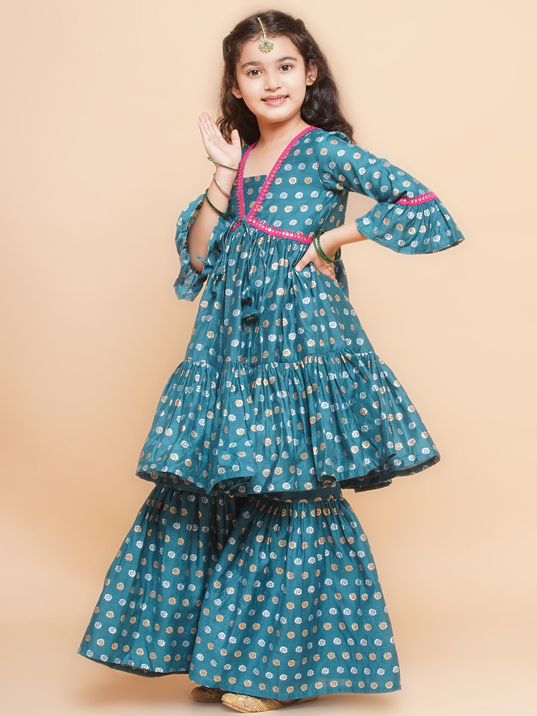 Girls Teal Blue Printed V-Neck Kurta with Sharara - Bhama - Distacart