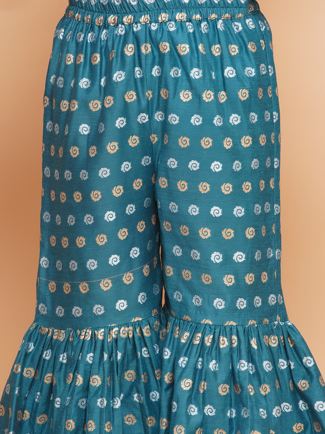 Girls Teal Blue Printed V-Neck Kurta with Sharara - Bhama - Distacart