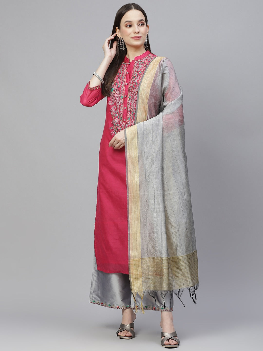 NOZ2TOZ Women's Pink & Grey Ethnic Yoke Design Aari Work Kurta With Palazzos & With Dupatta - Distacart