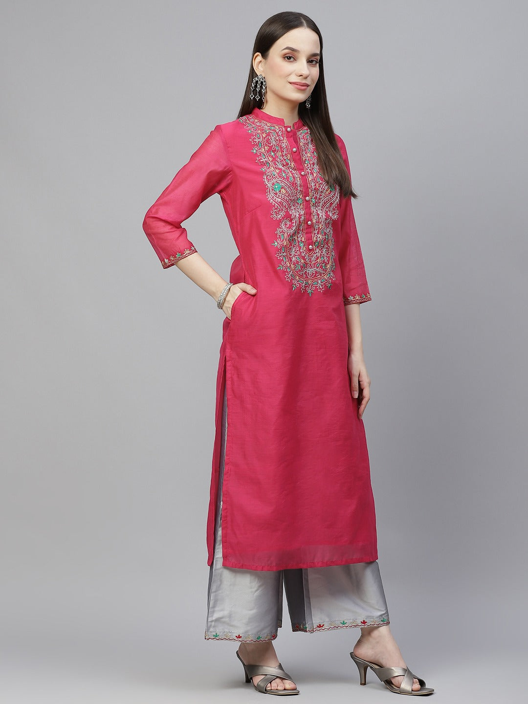 NOZ2TOZ Women's Pink & Grey Ethnic Yoke Design Aari Work Kurta With Palazzos & With Dupatta - Distacart