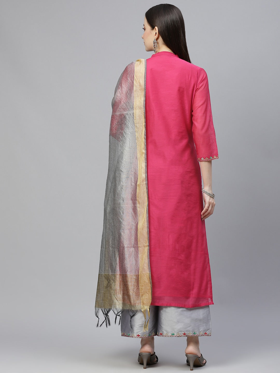 NOZ2TOZ Women's Pink & Grey Ethnic Yoke Design Aari Work Kurta With Palazzos & With Dupatta - Distacart