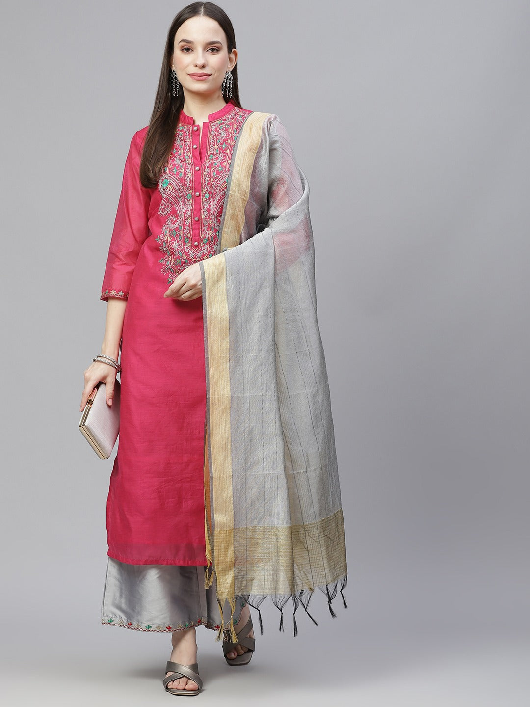 NOZ2TOZ Women's Pink & Grey Ethnic Yoke Design Aari Work Kurta With Palazzos & With Dupatta - Distacart