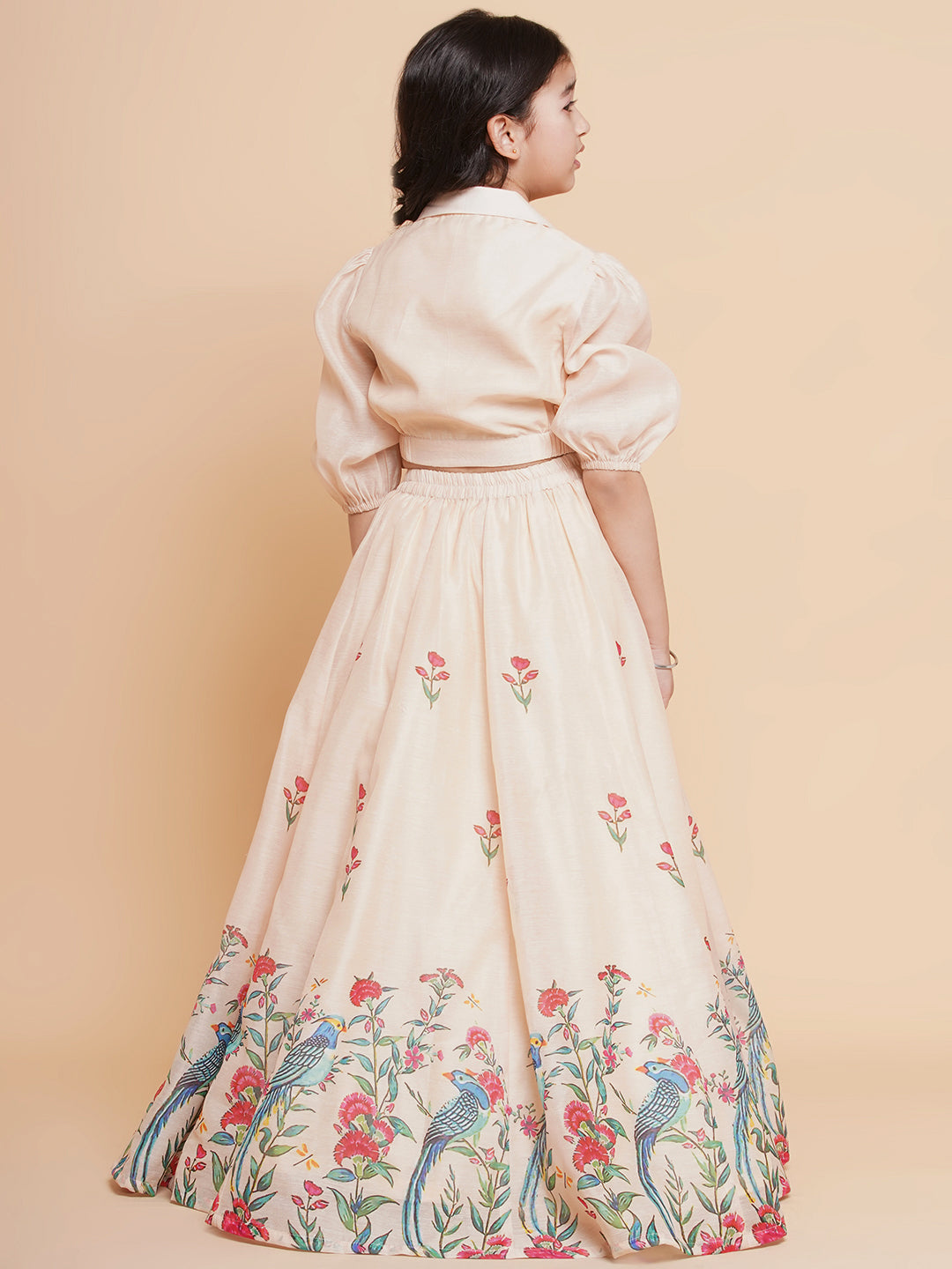 Girls Beige Peacock Printed Ready to wear Lehenga with Choli for Kids - Bhama - Distacart
