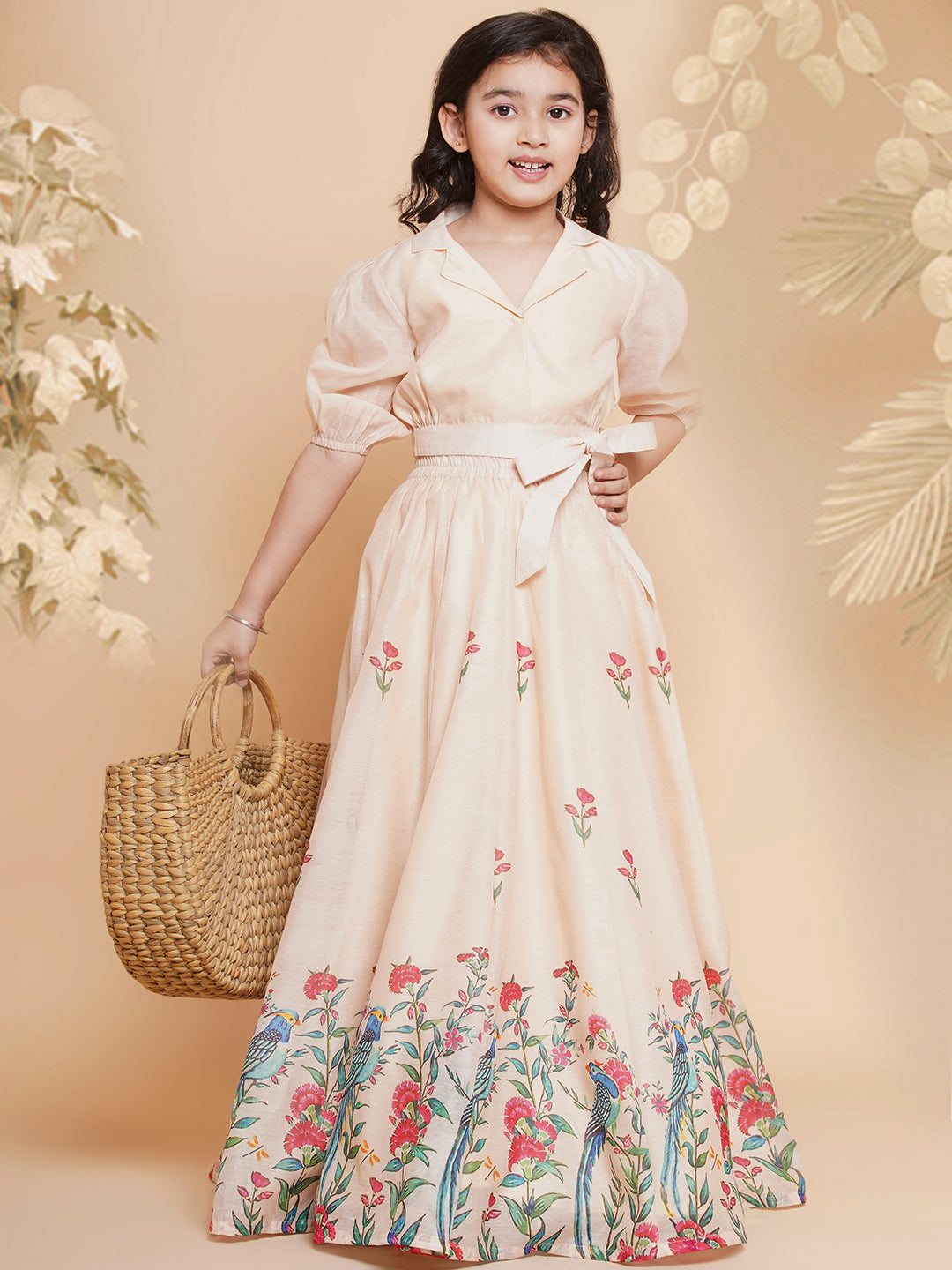 Buy Girls Beige Peacock Printed Ready to wear Lehenga with Choli for Kids -  Bhama Online at Best Price | Distacart