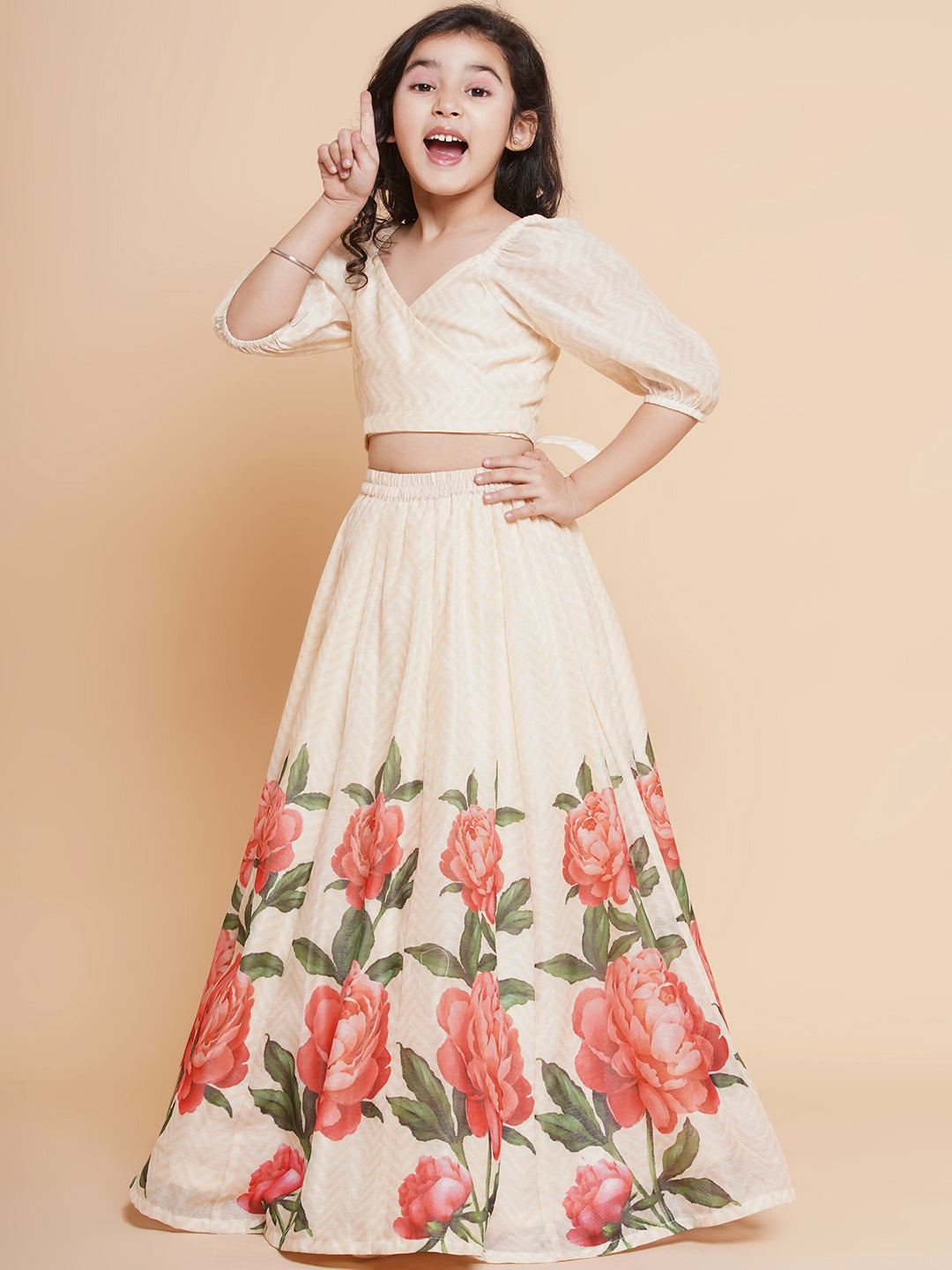 Girls Beige Rose Flower Ready To Wear Lehenga With Choli for Kids - Bhama - Distacart