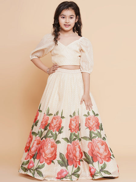 Girls Beige Rose Flower Ready To Wear Lehenga With Choli for Kids - Bhama - Distacart