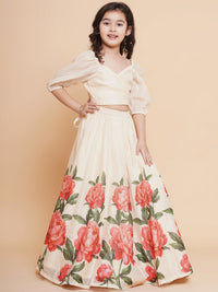 Thumbnail for Girls Beige Rose Flower Ready To Wear Lehenga With Choli for Kids - Bhama - Distacart