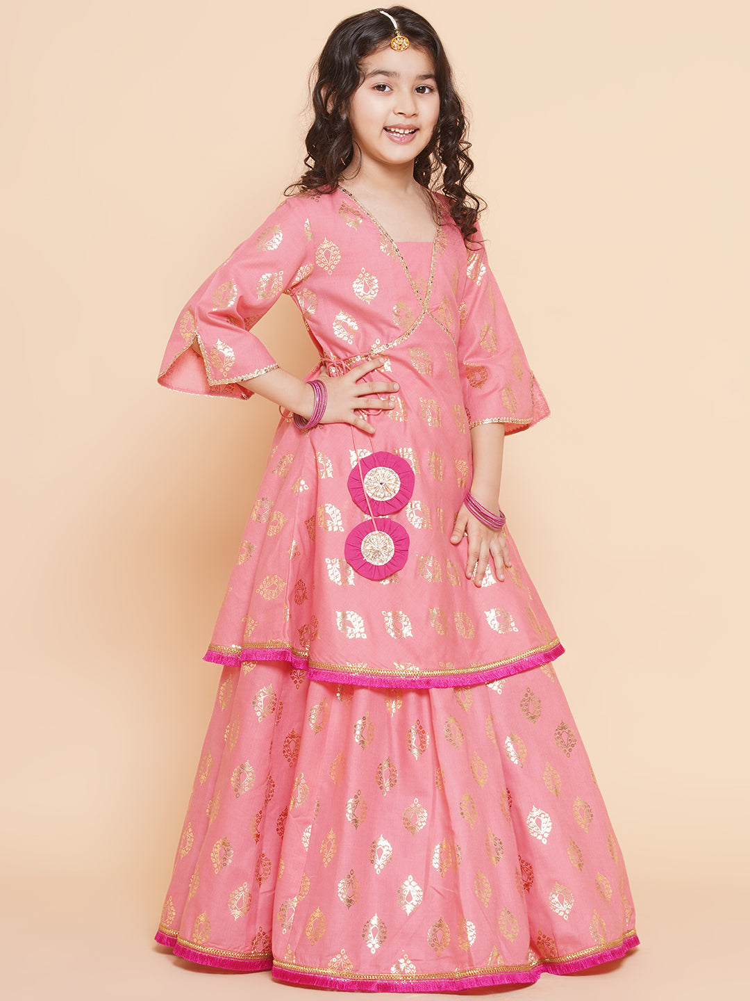 Girls Peach Foil Printed Lace Work Lehenga,Choli With Dupatta. for Kids - Bhama - Distacart