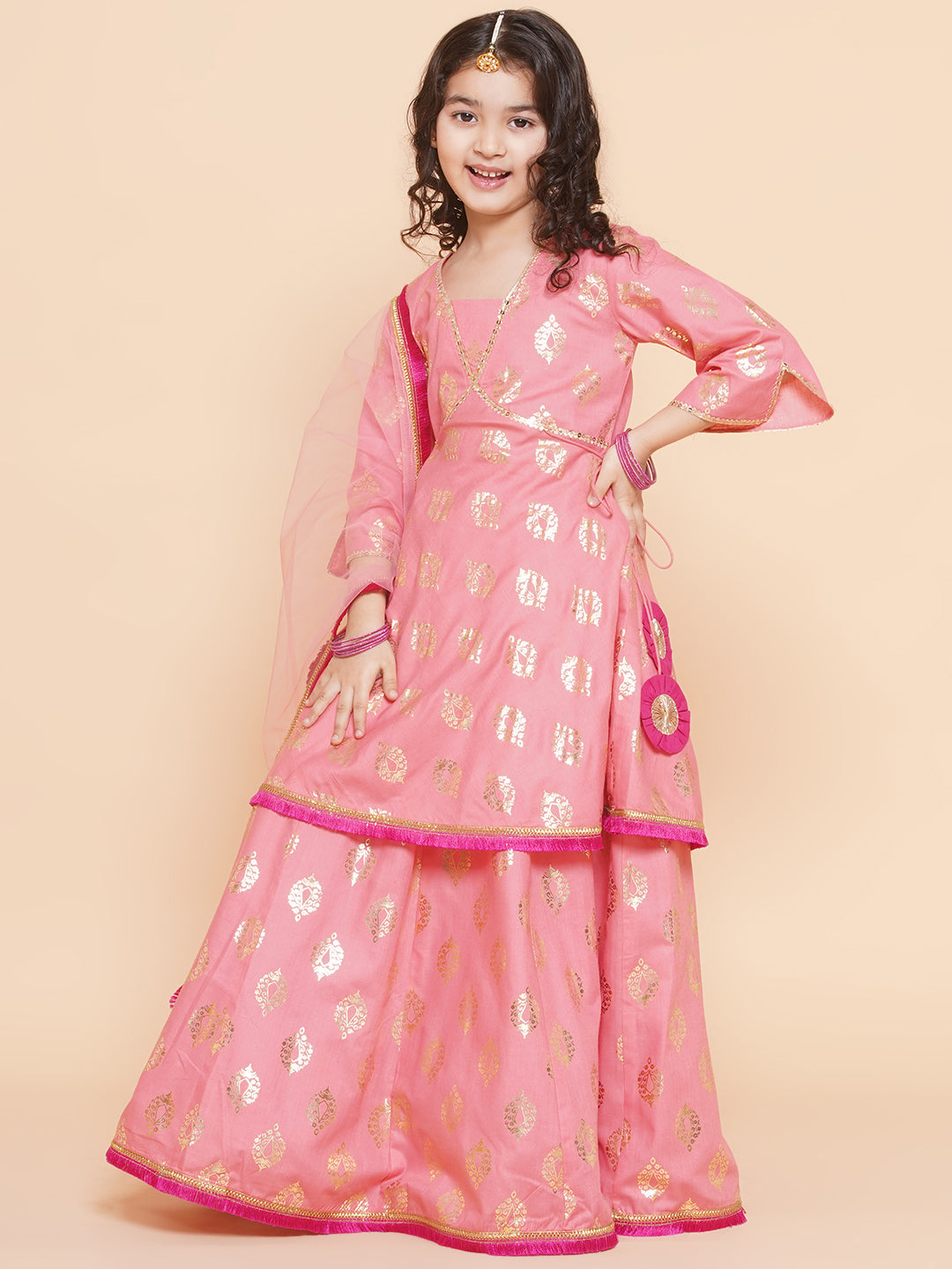 Girls Peach Foil Printed Lace Work Lehenga,Choli With Dupatta. for Kids - Bhama - Distacart