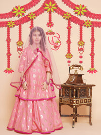 Thumbnail for Girls Peach Foil Printed Lace Work Lehenga,Choli With Dupatta. for Kids - Bhama - Distacart