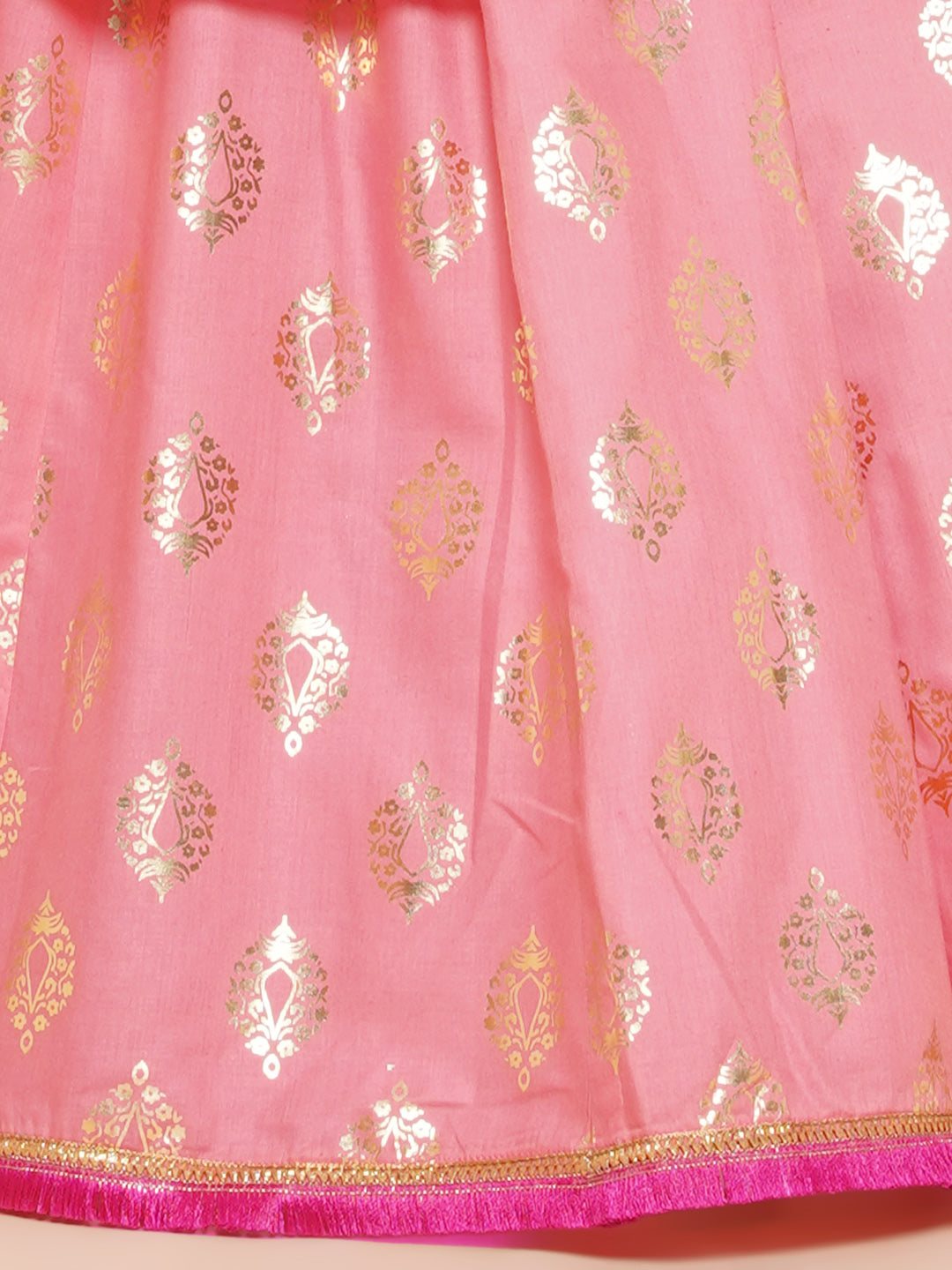 Girls Peach Foil Printed Lace Work Lehenga,Choli With Dupatta. for Kids - Bhama - Distacart