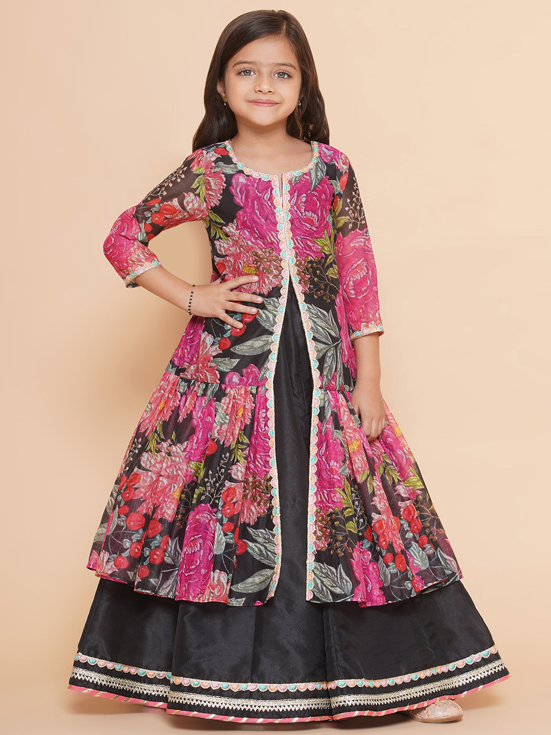 Girls Black Floral Print Lace Work Kurta with Skirt for Kids - Bhama - Distacart