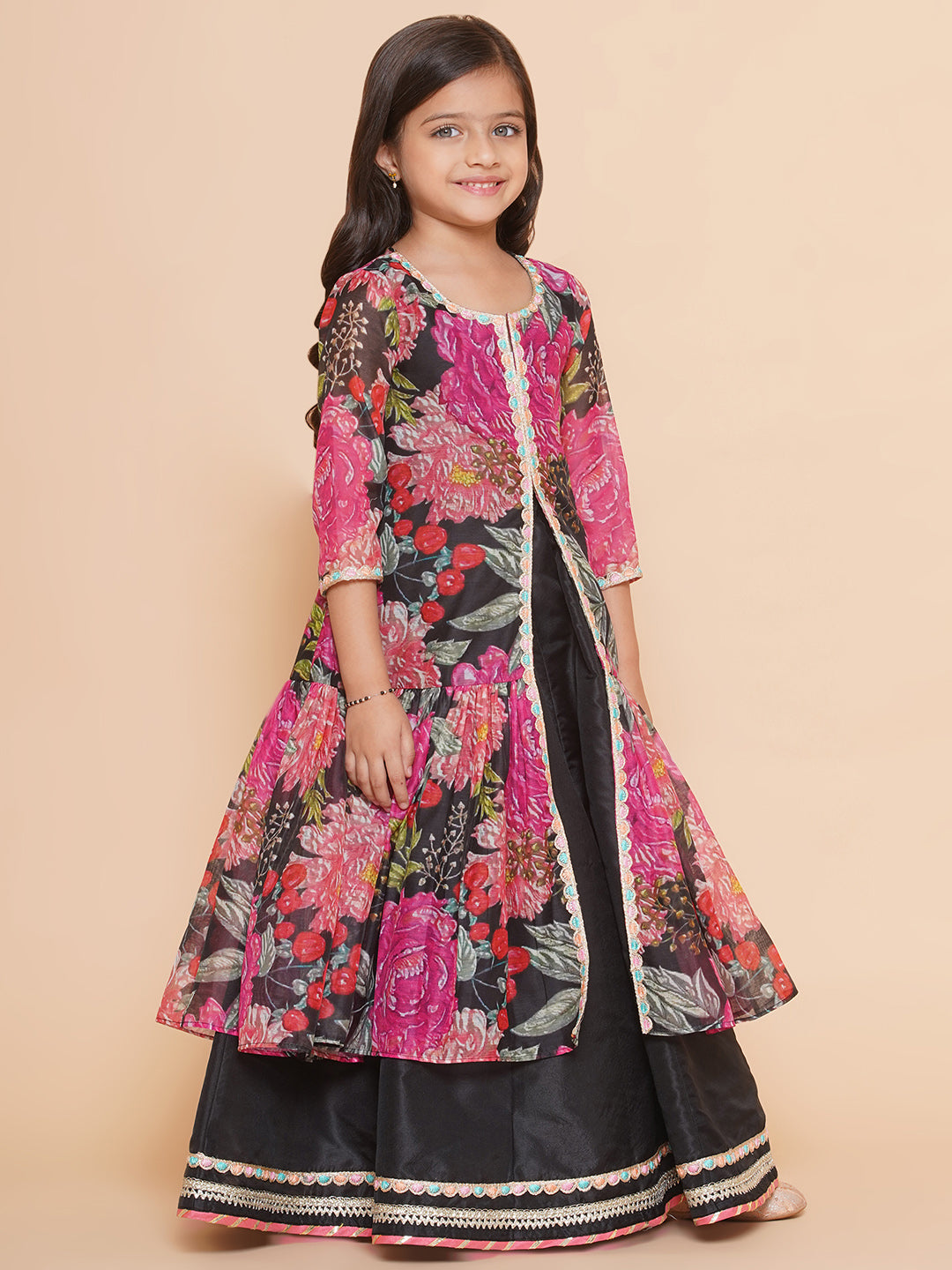 Girls Black Floral Print Lace Work Kurta with Skirt for Kids - Bhama - Distacart